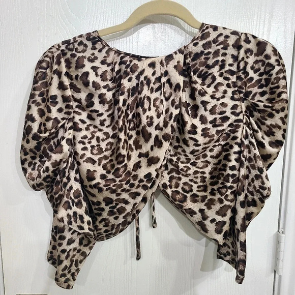 Brown/Black Leopard Print Front Tie Shirt Size S - Picture 2 of 10